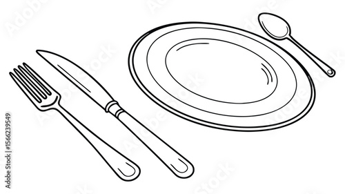 Elegant Dinnerware Setting Knife, Fork, Spoon, and Plate Illustration