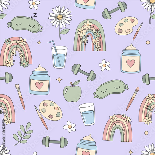 A whimsical seamless pattern illustrating various self-care and wellness icons, including sleep masks, dumbbells, rainbows, and art supplies, set against a soft purple background.
