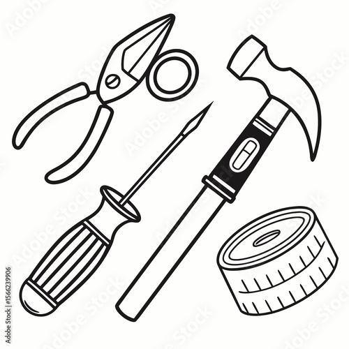 Collection of hand tools including pliers hammer screwdriver and measuring tape