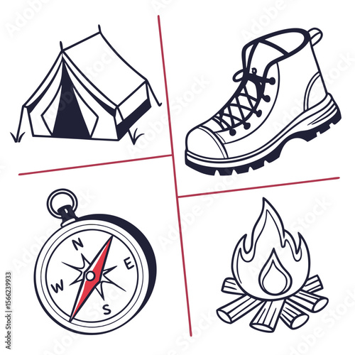Camping and hiking essentials including a tent boot compass and campfire illustration