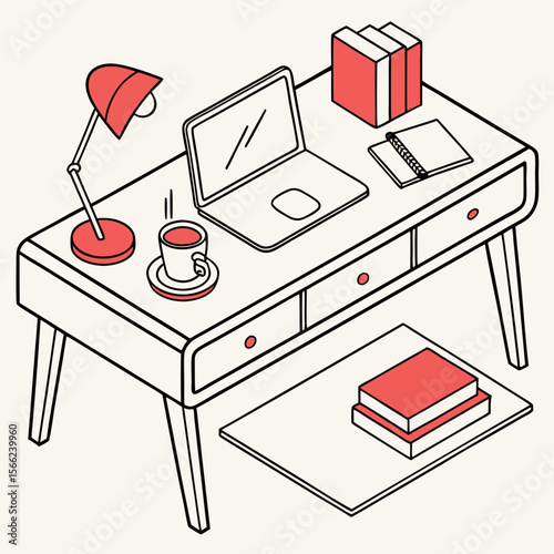 Minimalist isometric desk setup with laptop lamp coffee and books