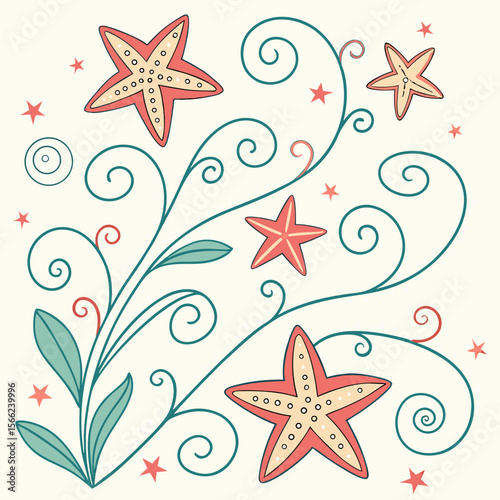 Whimsical illustration of starfish and swirling vines on a cream background