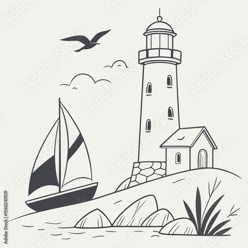 Nautical scene with a sailboat approaching a rocky shore with a lighthouse and small building