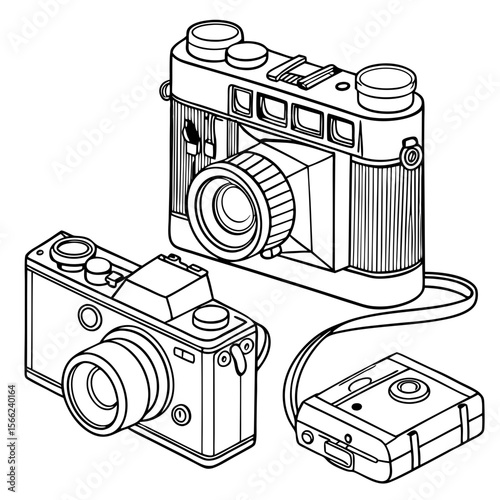 Vintage and modern cameras and flash unit in a clean line art illustration