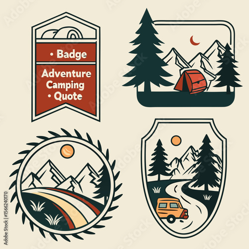 Collection of four vintage style camping and adventure badges with mountains and trees