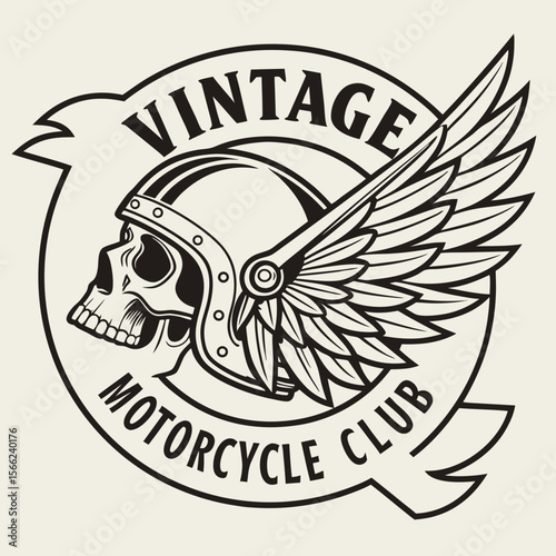 Vintage motorcycle club emblem featuring a skull with wings and helmet