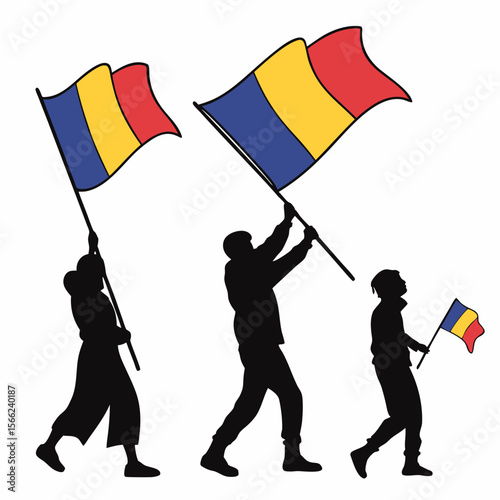 Romania Flag Silhouettes Family Celebrating National Pride, Romanian Patriotism, Colorful Illustration