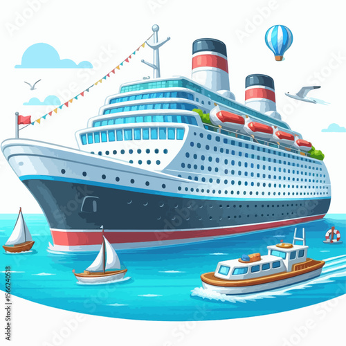 Vibrant illustration portrays a large cruise ship sailing in a body of water, with smaller vessels surrounding it.  Various embellishments like balloons and flags create a cheerful atmosphere.