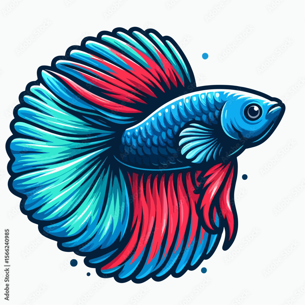 Fototapeta premium Vibrant illustration of a betta fish, showcasing a dynamic color palette. Its fins and body are detailed in a stylized manner.