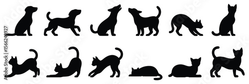 Silhouette vector set of cats and dogs in various poses including sitting, walking, jumping and stretching – pet animal collection