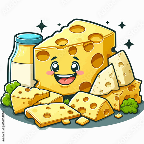 Cheerful cartoon cheese character surrounded by various cheese slices and a milk bottle, set against a dark gray background.  The design is bright and inviting.