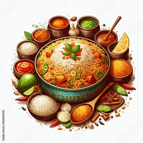 Vibrant graphic representation of Indian Biryani, a rice dish, encircled by various flavorful ingredients and garnishes in a decorative bowl.