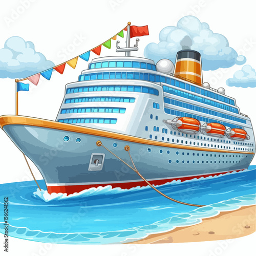 Vibrant cartoon rendering of a cruise ship in the ocean, positioned with waves and a sandy beach.  Colorful decorations highlight a cheerful atmosphere.