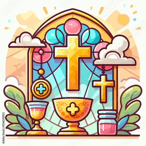 Stylized illustration of religious objects, including a cross, chalice, and other symbolic items, set within a stained glass window framework, highlighting a vibrant color palette.