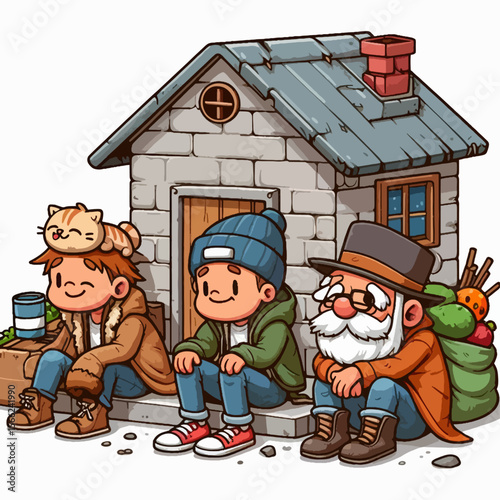 Whimsical drawing of three people sitting outside a small stone house, possibly representing homelessness or poverty.  They appear to be gathering for warmth and support.