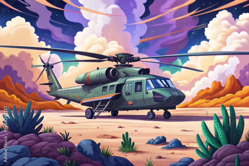 Desert War Scene with Military helicopter and Dust Storm cartoon Conflict Zone ideal for conflict zone illustrations, military game assets, posters, and educational visuals