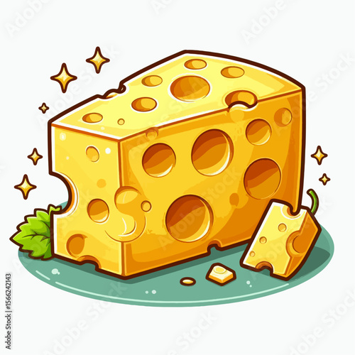 Cartoon graphic of a cheese wedge, featuring holes and a small piece broken off, on a teal plate.  The cheese is depicted in a vibrant yellow.