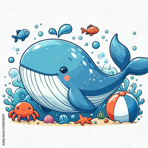Cheerful cartoon whale surrounded by friendly sea creatures and playful objects in a vibrant ocean scene.