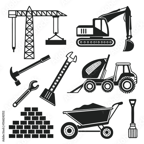 Construction Equipment Icons Heavy Machinery, Tools & Building Materials
