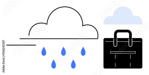 Cloud releasing raindrops alongside a briefcase, symbolizing financial uncertainty, career challenges, and resource planning. Ideal for economy, business resilience, risk management, strategy