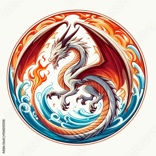 Stylized dragon, depicted in a circular design, surrounded by swirling fire and water elements.  The dragon's wings are outspread, and flames erupt from its mouth and tail.
