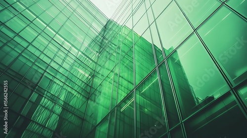 A modern green office building with glass facade, solar panels, and eco-conscious design