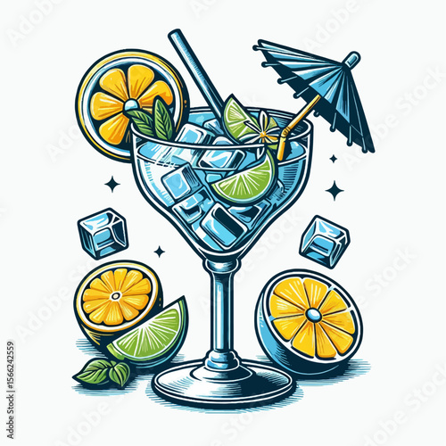 Digital illustration of a stylish summer cocktail garnished with citrus fruits, ice, and a paper umbrella.