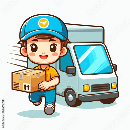 Cartoon representation of a delivery person hurrying with a box next to a delivery vehicle.  The style is child-like and cheerful.