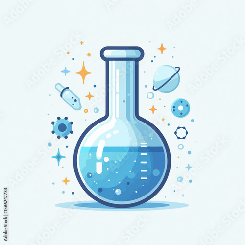 Stylized illustration of a science flask filled with a light blue liquid, surrounded by space-themed elements like planets and stars.  It displays a simple, modern design aesthetic.
