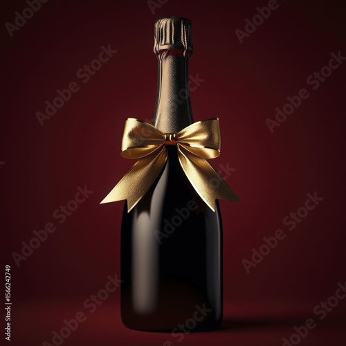 Elegant black champagne bottle with a textured gold bow on deep red background