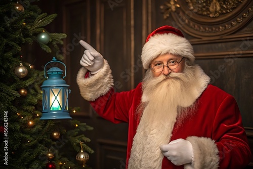 Santa claus points to a glowing lantern on a decorated christmas tree
