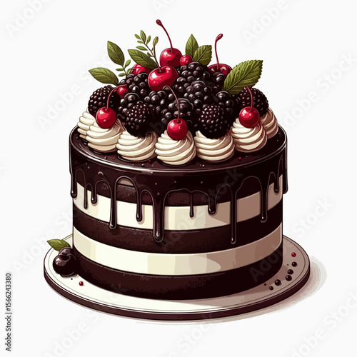 Visually appealing illustration of a chocolate cake, adorned with berries and cream.  It's a detailed digital graphic of a sweet dessert.