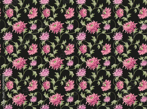 The motif features a beautiful and delicate floral pattern, adding an elegant and natural look. Bold vintage floral pattern on a deep charcoal black background,