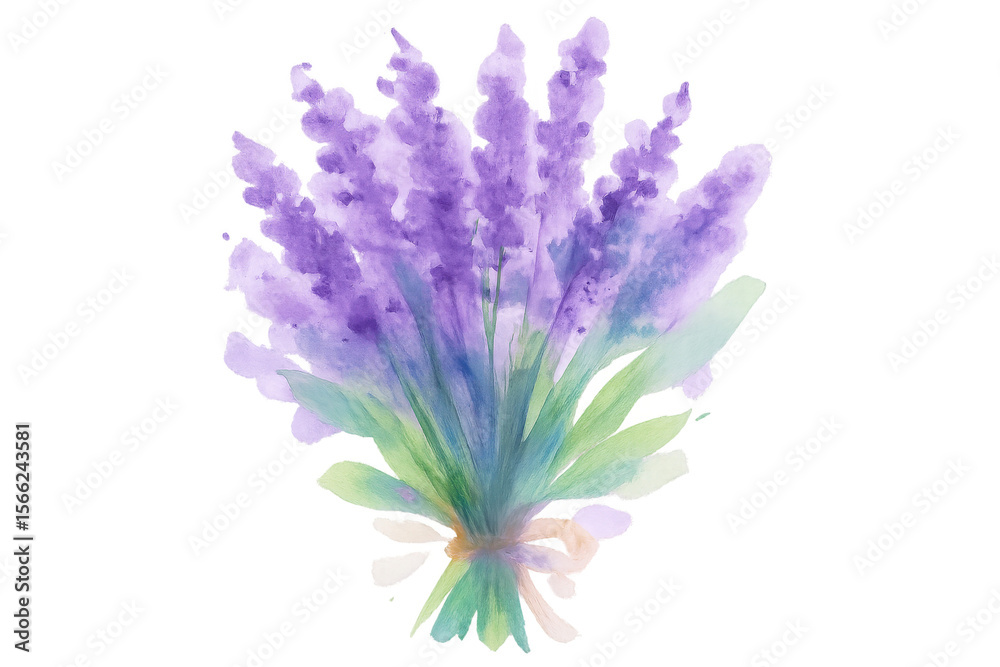 Fototapeta premium Watercolor lavender bouquet displaying delicate purple blooms and verdant leaves, resting against transparent backdrop
