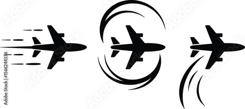 Three silhouetted airplanes in motion depicting speed and maneuvers