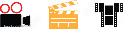 Vintage film camera clapperboard and film reel icons representing cinema