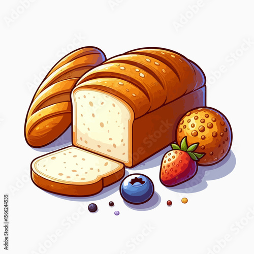 Graphic illustration of various baked goods and fresh fruits.  The composition includes a loaf of bread, sliced baguette, and various berries.