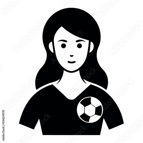 Woman Soccer Player Icon Black and White Cartoon Girl in Uniform with Ball Logo