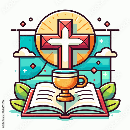 Vibrant graphic design featuring a stylized cross, open book, and a chalice, set against an abstract background of geometric shapes and color.