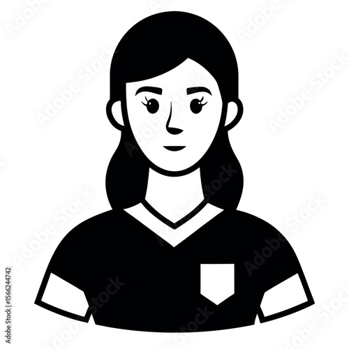 Cartoon Woman Portrait Bob Haircut, Collar Shirt with Pocket Illustration Black and White