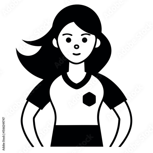 Monochrome Illustration of Woman in Uniform with Black Hair Blowing in Wind