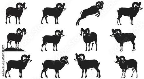 Various animals in different poses in black silhouette style  