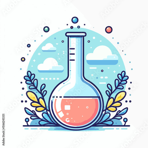 A stylized illustration of a laboratory flask filled with a pink liquid, surrounded by whimsical plants and clouds.