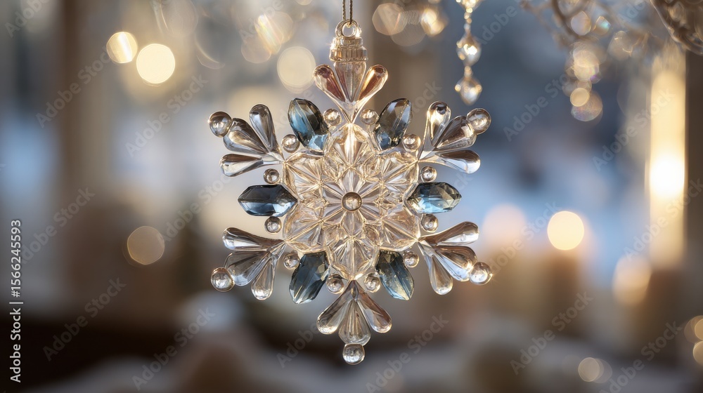 Elegant Crystal Snowflake Ornament Shining Against a Soft Blurred Background of Warm Holiday Lights Elegant Crystal Snowflake Ornament Shining Against a Soft Blurred Background of Warm Holiday Lights
