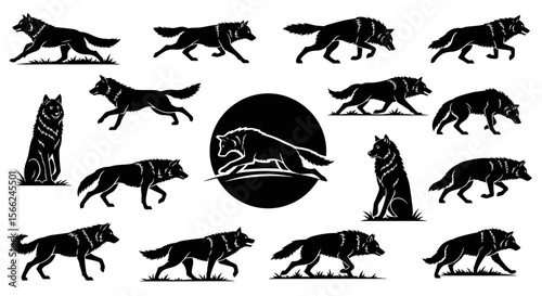 Black wolves in various poses and movements with a circular design  