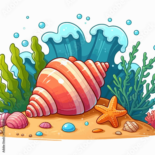 Cheerful cartoon depiction of an underwater scene, featuring a large pink and white seashell, various seashells, starfish, seaweed, and waves, set against a background of sand and coral.