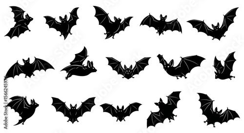 Various bat silhouettes in different poses on white background  