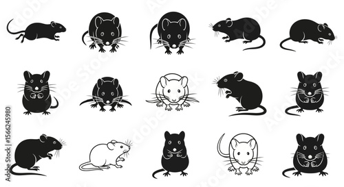 Different poses of mice in black and white illustrations  