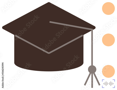 Black graduation cap with tassel alongside three orange circular shapes aligned vertically. Ideal for education, academic success, learning, growth, career progression, achievement, and knowledge