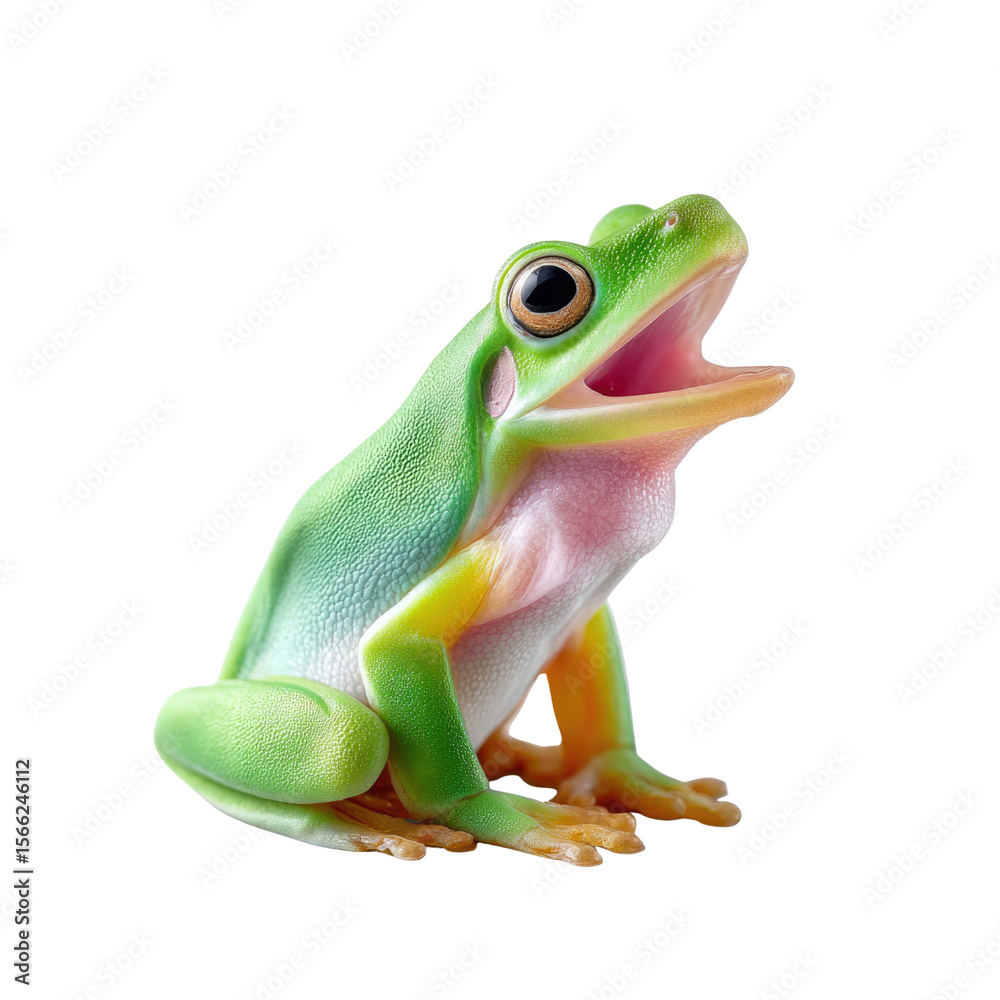Obraz premium Vibrant green tree frog with large eyes and open mouth, sitting on white background, detailed close-up of amphibian species, colorful and lively reptile.